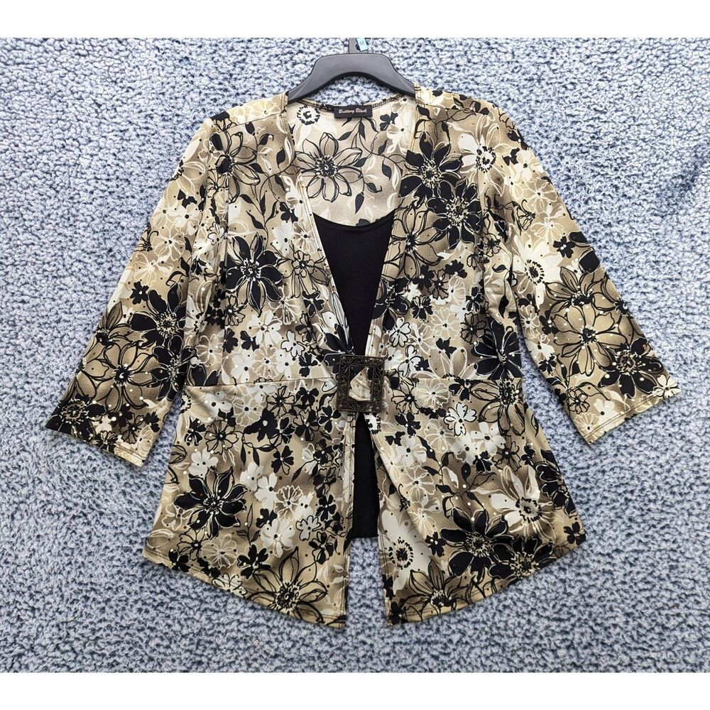 Y2K Brittany Black Floral Sequin Babydoll Top Size M Fairy Layered Retro Brown